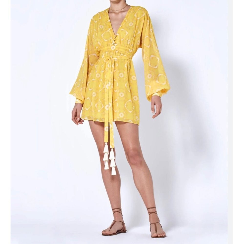 Alexis Luss Dress in Yellow boho retro print flowy cocktail‎ beach sz L